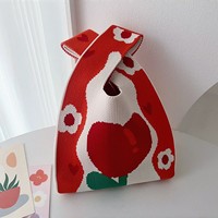 Tas Rajut Wanita Motif Bunga Tulip Kapasitas Besar, Tas Jinjing Manis Warna Pink dengan Ikat Hati, Tas Tangan Sehari-hari