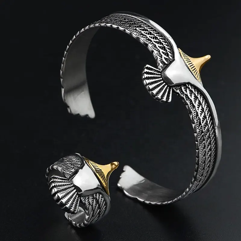 Gold Mixed Steel Jewellery Sets Cuff Bangles Eagle Design Rings Stainless Steel Jewelry Wholesale Factory