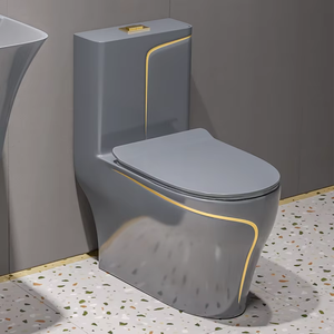 Artículos sanitarios de baño modernos, inodoro cuadrado de una pieza, piso, lavabo de baño y inodoro de cerámica, juego de inodoro Wc de línea dorada gris - Product Image 5