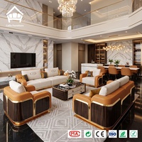 Ensemble de canapés de salon en cuir de qualité supérieure avec table basse en marbre, rangement et finitions métalliques dorées – Mobilier de luxe pour villa et appartement