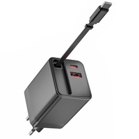 Chargeur de voyage OEM/ ODM 65W 2 ports USB A + C avec câble rétractable de type C PD QC 3.0 Adaptateur secteur à charge rapide pour iPhone