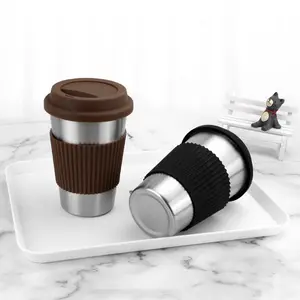 Tasse à café, 10 pièces, 12, 16 oz, en acier inoxydable, teinture en titane, avec logo personnalisé et emballage, lèvres en Silicone