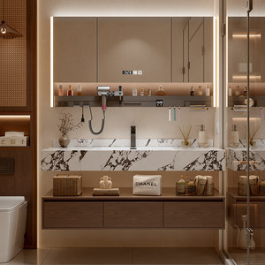 Meuble-lavabo mural moderne en MDF laqué avec miroir intelligent, solution de rangement pour salle de bain, vasque en céramique, garantie 3 ans - Product Image 5