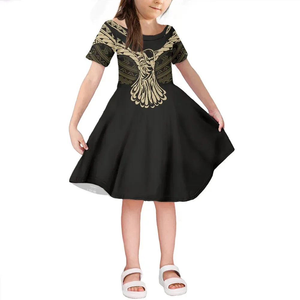 Tribal Vintage Tattoo Prints Girls Dress for Kids 4-14 Years Old Girls Round Neck Dresses Polynesian Summer Short Sleeve Skirts