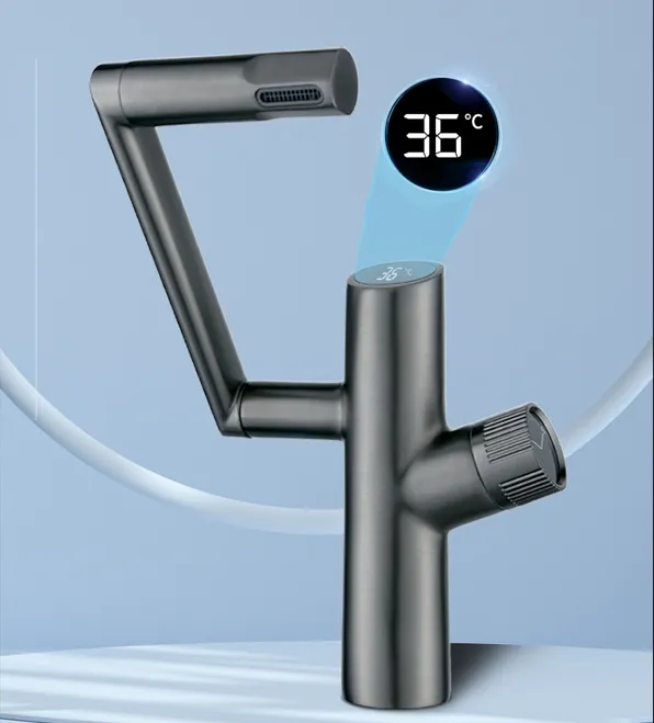 Torneira inteligente para bacia de água com braço oscilante de 360 graus com temperatura da água digital