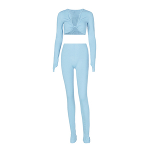 manga larga giro Tops 2 piezas conjunto de pantalones de Color sólido ajustados trajes de las mujeres conjuntos de dos piezas - Product Image 4