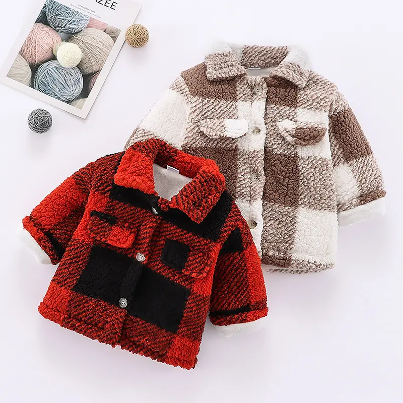 x20937 Toddler Girls Plaid Lapel Collar Button Design Coat Jacket for Girls Boy Baby Kids Winter Children's Warm Outerwear