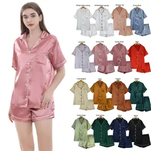 OEM Factory Großhandel Frauen Kurzarm Satin Seide Pyjamas Set, einfarbig 2 Stück Pyjamas Nachtwäsche Stickerei LOGO