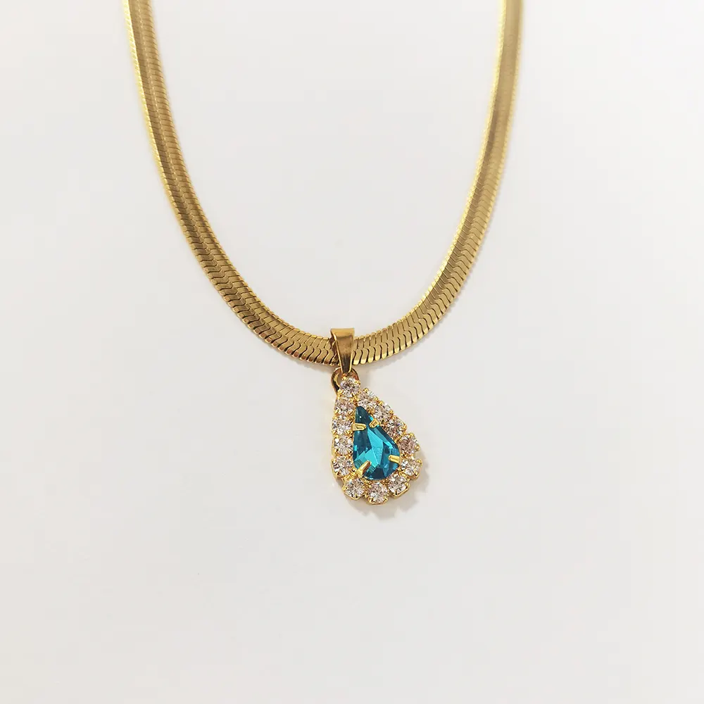 Perhiasan trendi baja tahan karat liontin kalung lapis emas 18K rantai ular bersinar biru CZ Waterdrop