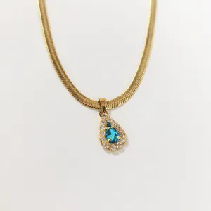 Trendy Jewelry Stainless Steel 18K Gold Plated Snake Chain Shining Blue CZ Waterdrop Pendant Necklace