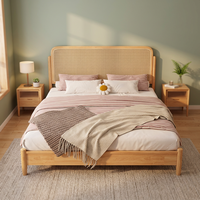 Cadre de lit de massage minimaliste en bois de manguier Pindel Handicraft avec revêtement en cuir, tête de lit tressée style Mid-Century Modern et sommier intégré