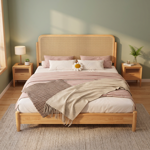Cadre de lit de massage minimaliste en bois de manguier avec revêtement en cuir, tête de lit tressée de style mid-century moderne, design avec sommier intégré, taille King - Product Image 4