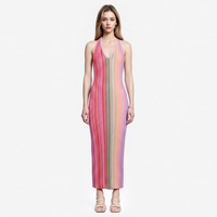Nouvelle robe en tricot rayée aux couleurs contrastées arc-en-ciel, élégante robe d'été à col halter sans manches, robe de loisirs pour les vacances, robes pour femmes
