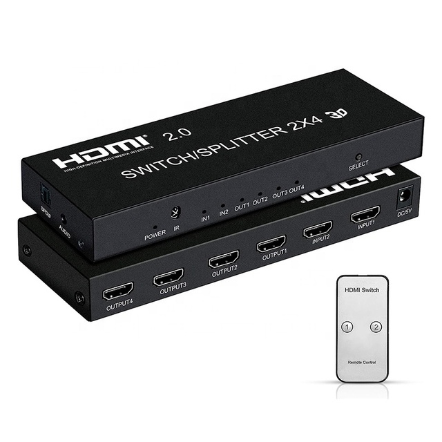 Xput High Quality 2X4 UHD Video Signal Switch Splitter 2 Input 4 Output Video Matrix Device Support 4K 60Hz for General AV