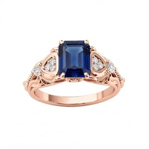 Anillo de compromiso SGARIT personalizado vintage de oro rosa de 14 quilates con zafiro de laboratorio de 2 quilates y detalles laterales de diamantes, joyería fina para mujer - Product Image 1