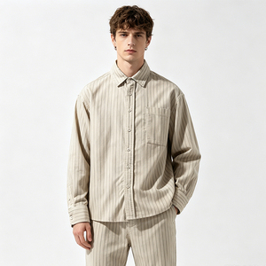 Chemise rayée vintage pour homme, beige gris, rayures verticales, manches longues, coton/lin, col pointu, poche simple, automne - Product Image 6