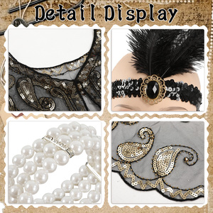 Costume de Charleston des années 20, ensemble de 9 pièces pour femme, tenue de fête vintage Gatsby avec bandeau à plumes, bijoux en perles, gants, éventail et bas. - Product Image 6