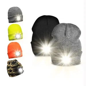 Oekotexカスタムロゴニットビーニー帽子冬用USB充電式LEDヘッドランプライトトーチサーマルキャップToqueMtze刺繍