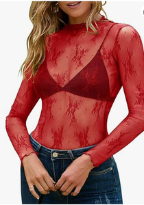 Top in Pizzo Floreale <span class=keywords><strong>Trasparente</strong></span> da <span class=keywords><strong>Donna</strong></span>, Manica Lunga, Collo Alto, Top a Strati in Rete, Maglietta Floreale Sexy <span class=keywords><strong>Trasparente</strong></span>, Blusa da Strada - Product Image 3
