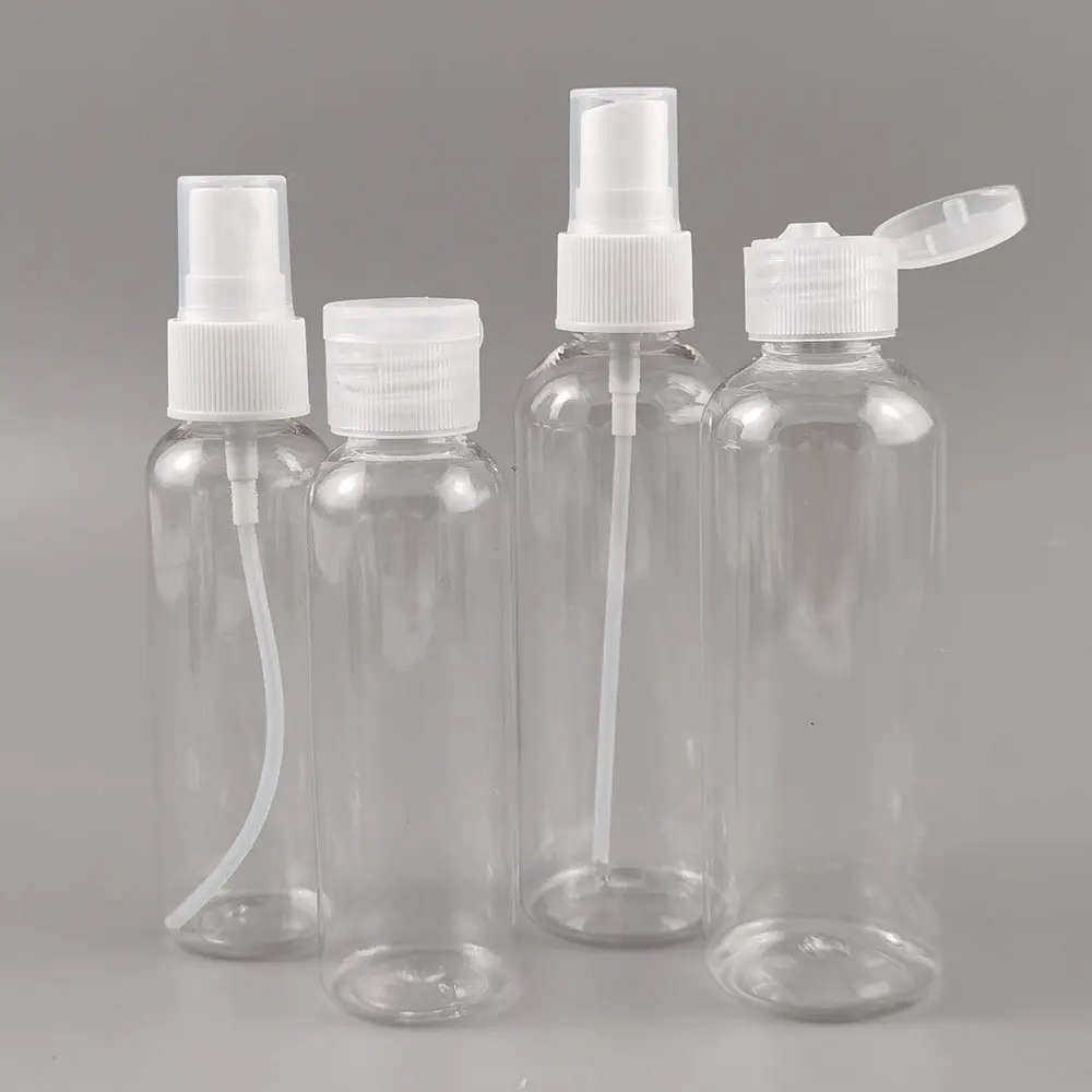 Botella de plástico transparente rellenable de 60ml con tapa abatible, botellas de champú de 2oz con tapa abatible en stock