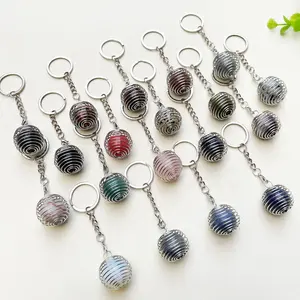 Wholesale Amethyst Quartz Sphere Key Chain Mixed Healing Stones Crystal Cage Lantern Keychain for Gift