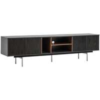 Meuble TV Timberight de luxe en bois noir grainé avec base métallique fine, console multimédia géométrique contemporaine pour la décoration intérieure moderne