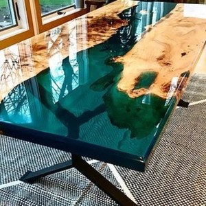 Nouvelle <span class=keywords><strong>table</strong></span> à manger en bois massif de style moderne avec plateau en résine époxy transparente - Product Image 3