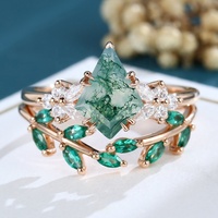 Ensemble de bagues en argent sterling 925 plaqué or rose avec agate mousse verte naturelle taille cerf-volant