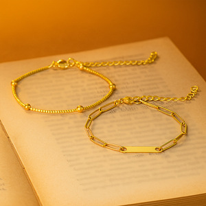 Custom Engraved Link Chain New Arrivals Double Layer 18k <b>Gold</b> Plated Chain <b>Beaded</b> Stainless Steel <b>Bracelets</b> Wholesale for Woman - Product Image 5