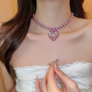 Gargantilla de joyería de moda de estilos franceses para mujer, colgante de corazón de circón púrpura, collar de cuentas de perlas, venta al por Mayor de verano 2025 - Product Image 3