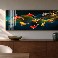 Peinture à l'aquarelle Feng Shui Neuf poissons Koi Vague dorée Art mural de luxe sur papier pour décoration de bureau et d'hôtel Cadeau