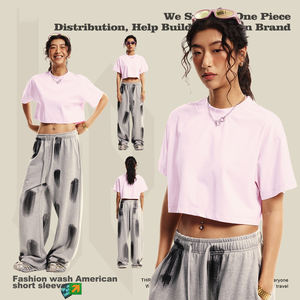 Camiseta básica de algodón para mujer, de gran tamaño Camiseta, camisetas sólidas, camiseta ajustada informal, Tops de <span class=keywords><strong>tapas</strong></span> para mujer, 10 cortos teñidos lisos, 7 colores - Product Image 2