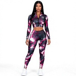 New Print Custom Women 2 Piece Seamless Yoga Set <b>Long</b> Sleeve Zip Crop <b>Top</b> High Waist <b>Leggings</b> Gym Activewear - Product Image 1