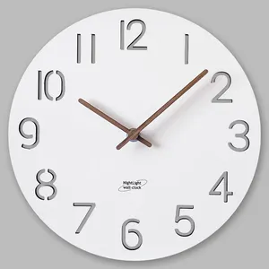 Modern Fashion Simple White Wall Clock With LED Light Home Decoration Round Mdf Wood Clocks Custom