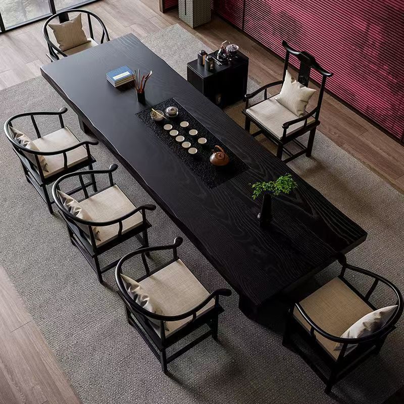 Table à thé de 2,2 mètres, chaise à chapeau officielle, chaise à dossier rond * 5