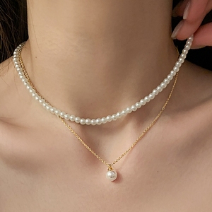 Collar <span class=keywords><strong>de</strong></span> cadena <span class=keywords><strong>de</strong></span> doble capa inspirado en el lujo, collar minimalista con colgante <span class=keywords><strong>de</strong></span> una sola perla, regalos para mujeres - Product Image 1