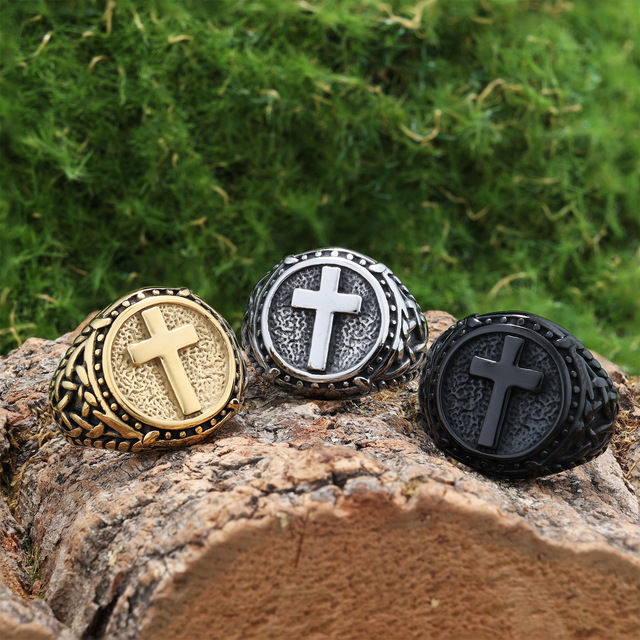 Men Faith Ring Christian Stainless Steel Gold Silver Everyday Wear Jewelry Religious Gifts Jesus Cross Rings Men