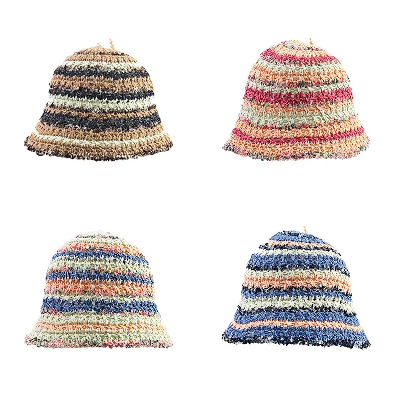 Berretto da pescatore in paglia di alta qualità colorato in acrilico lavorato a maglia stile cappello a secchiello all'uncinetto