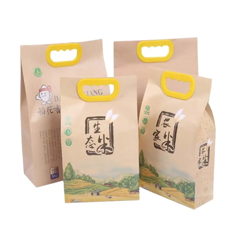 चावल बैग Gravure मुद्रण 5kg क्राफ्ट चावल पेपर बैग पैकेजिंग खड़े हो जाओ थैली खाद्य ग्रेड 10kg अनुकूलित Recyclable पैच संभाल