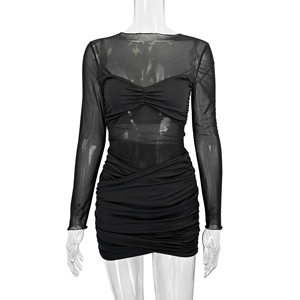 Women's Fashionable Round Neck Long Sleeved Dress Mesh <b>Patchwork</b> Short <b>Skirt</b> Sexy Pleated Hip Hugging Style - Product Image 5