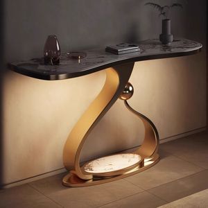 Tavolo Console Moderno e Semplice in Acciaio Inox Dorato, Lussuoso Tavolo Laterale in Marmo per Soggiorno, Corridoio Stretto e Ingresso - Product Image 6