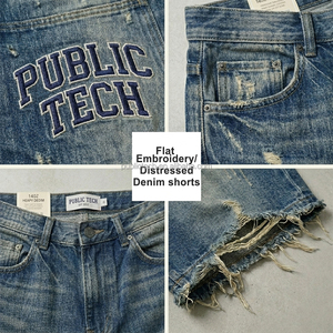 Custom Heavyweight Acid <b>Wash</b> Denim Shorts Mens Luxury Plat Embroidery Distressed Raw Frayed Hem Wide Leg Baggy Short Jeans Pants - Product Image 2