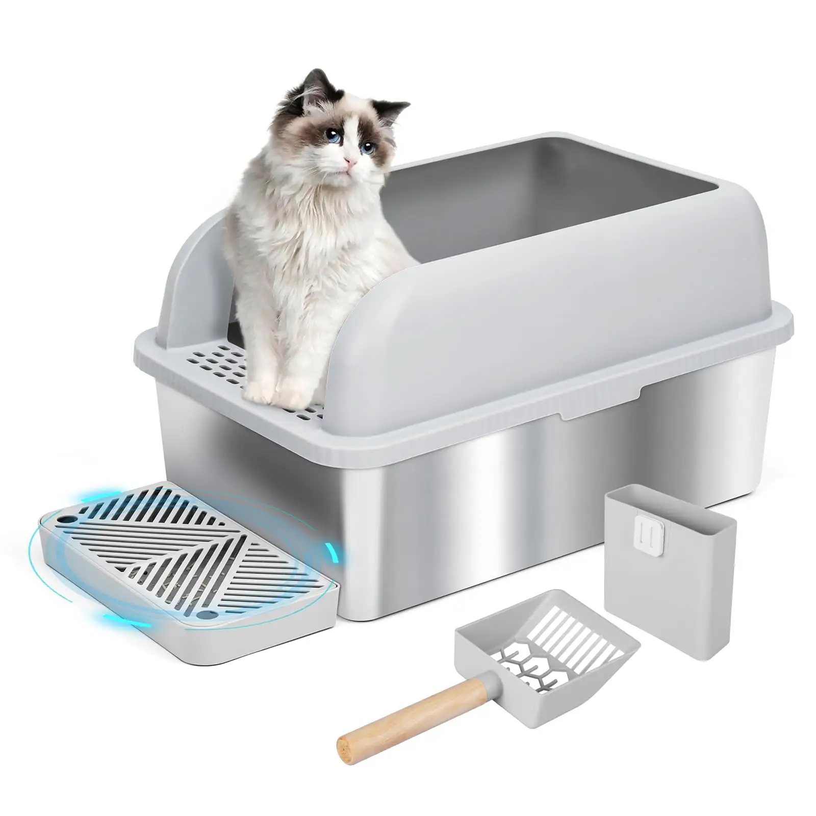 Stainless Steel Cat Litter Box with High Lid and Footboard & Scoop for Big Fat Cats Old and Short-Legged Cat Friendly