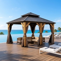 Gazebo en bois massif à double toit rigide avec rideaux d'intimité, imperméable, coupe-vent, protection UV, auvent de balcon extérieur