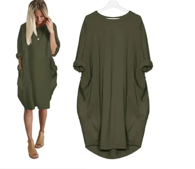 UP-Loose Maternity Long Sleeve T-Shirt Dress Clothes Pregnant Women Dress Solid Color Pregnancy Clothings Plus Size