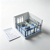 Maquette architecturale d'un couloir d'hôpital, avec les différentes pièces fonctionnelles, les couloirs et le mobilier médical, figurines miniatures en ABS