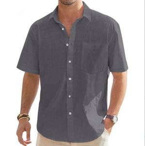 Nuova Camicia da Uomo in Cotone e Lino Tinta Unita con Colletto e Maniche Corte in Stile Europeo e Americano - Product Image 2