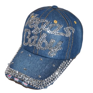 Vegas Babay Sporty 5-Panel Hat Custom Logo Light Denim Jeans Wash Bling <b>Baseball</b> <b>Cap</b> with Rhinestones Common Fabric Feature - Product Image 3