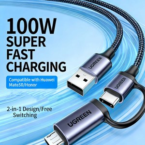 Câble de charge 2-en-1 UGREEN USB-A vers Type-C et Micro USB pour caméra embarquée, disque dur externe – Charge rapide 100W - Product Image 4