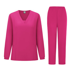 V-neck Long Sleeve <b>Scrub</b> <b>Set</b> For Women Hospital Uniforms Polyester Knitted Split <b>Set</b> - Product Image 1